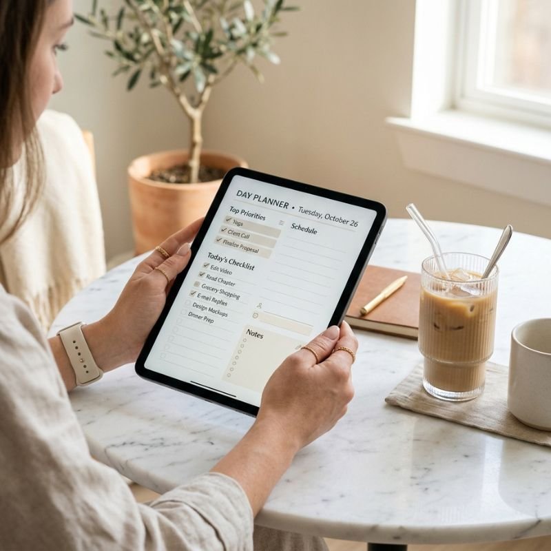 Nahaufnahme von Frauenhänden, die ein Tablet mit einem digitalen Planer und einer Checkliste halten, neben einem Eiskaffee.