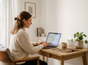 Frau arbeitet konzentriert an einem Laptop in einem hellen Homeoffice mit natürlichem Licht. Auf dem Schreibtisch stehen eine Tasse Kaffee, ein Notizbuch und eine Zimmerpflanze. Das Bild symbolisiert KI Content Erstellung, Personal Branding, Content-Planung und den Aufbau einer Online-Marke mit KI-Avataren.