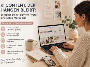 Frau arbeitet an einem Laptop in einem hellen Homeoffice und plant KI Content für Instagram. Das Bild zeigt den Aufbau einer persönlichen Marke mit KI-Avatar, Content-Strategie, Branding und Social-Media-Marketing.