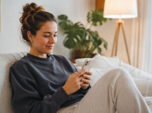 Frau sitzt entspannt auf einem Sofa und scrollt auf ihrem Smartphone. Die Szene steht für KI Content, Social Media Marketing, Instagram-Strategie, Content-Erstellung und den Aufbau einer persönlichen Marke im Online-Business.
