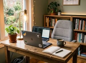 passives einkommen — Ein Laptop auf einem warmen, hellen Holztisch mit einer Tasse Kaffee und einem Notizblock im gemütlichen Homeoffice