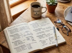 passives einkommen — Ein aufgeschlagenes Notizbuch mit handgeschriebenen Plänen und einer Brille daneben auf einem Tisch
