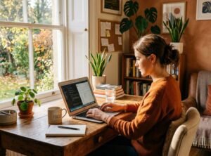 passives einkommen — Eine Person, die konzentriert am Laptop arbeitet, warmes Sonnenlicht fällt durch ein Fenster